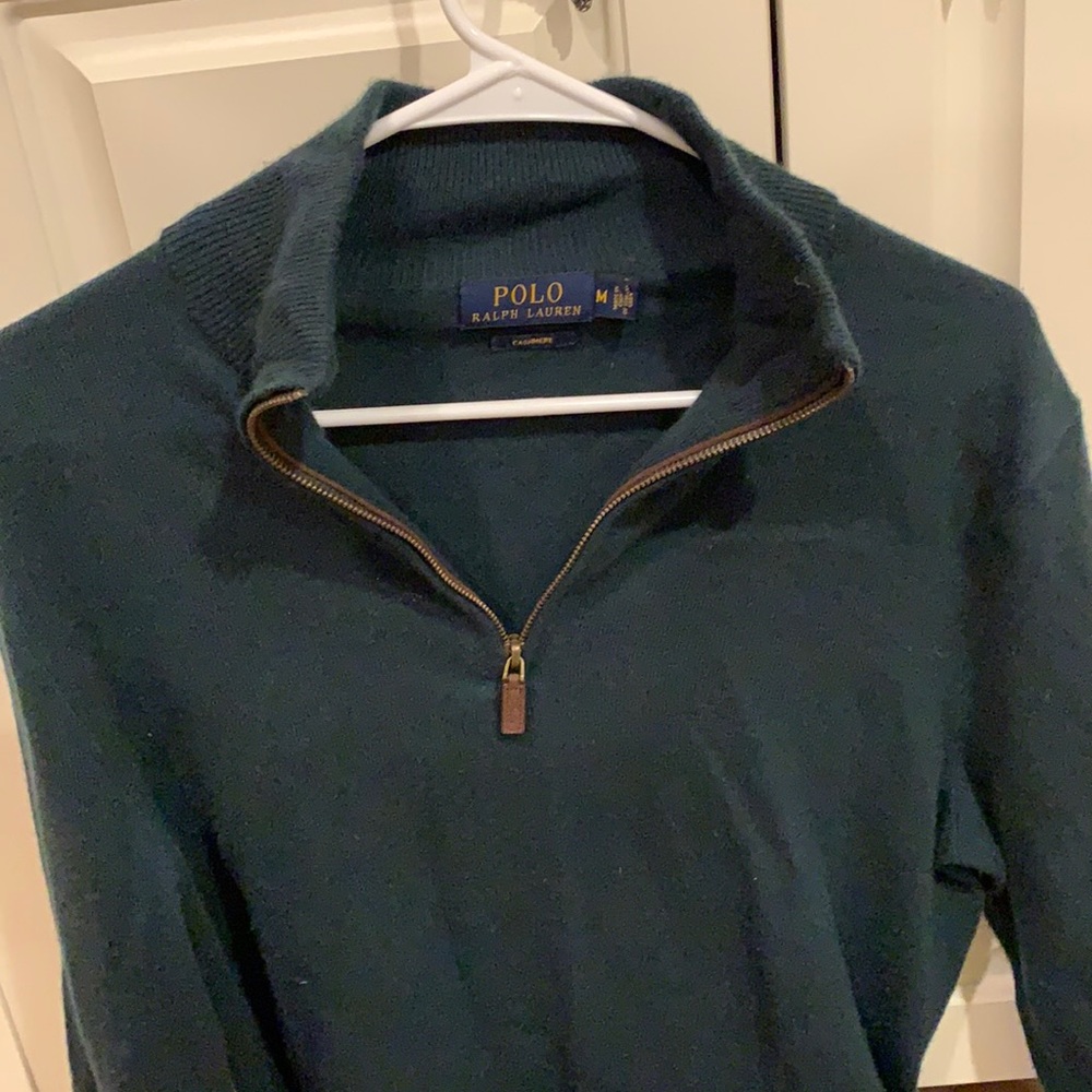 POLO RALPH LAUREN CASHMERE GREEN ZIP SWEATER W/ LEATHER
